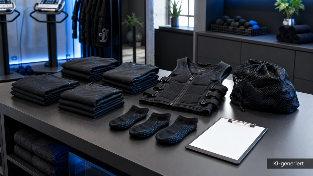 Geordnete schwarze EMS-Wäsche, Anti-Rutsch-Socken und EMS-Weste in einem professionellen Studio