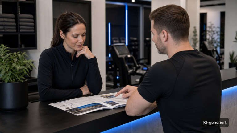 Beratungsgespräch am Studioempfang mit Informationsblatt auf dem Tresen