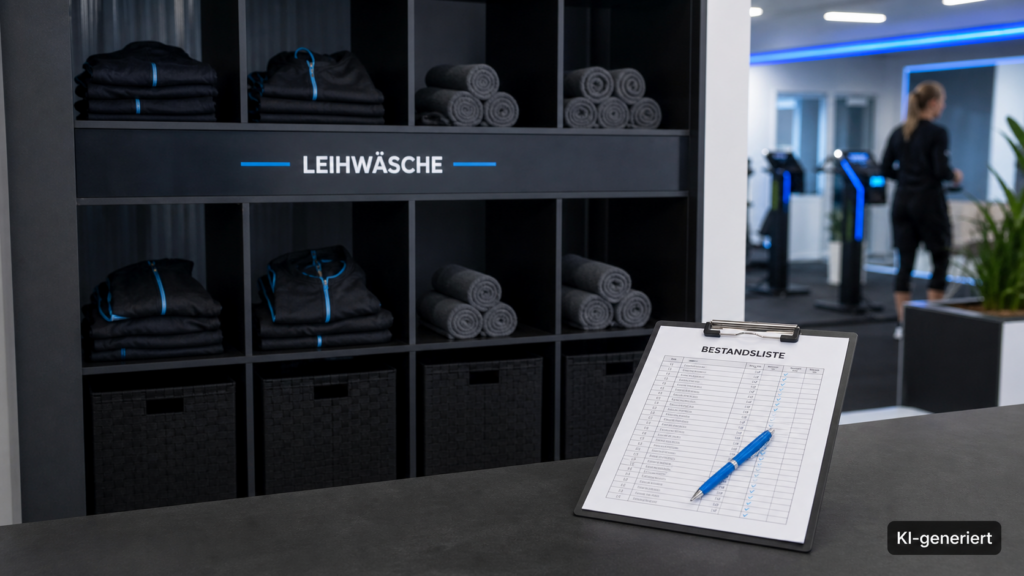 Studio-Empfangsbereich mit Regal für Leihwäsche und Bestandsliste