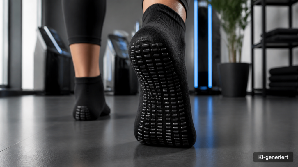 Nahaufnahme der rutschhemmenden Sohle eines Sportsockens auf glattem Boden
