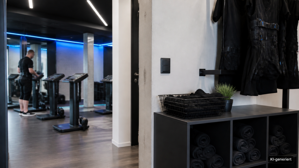 Übergangsbereich zwischen Umkleide und Trainingsfläche mit Ablage für Socken