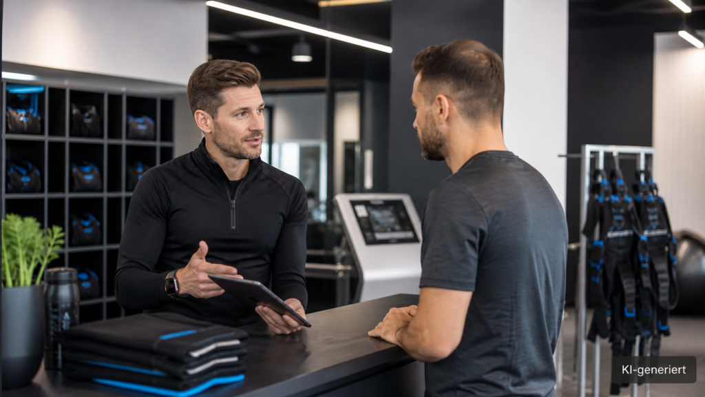 Trainer erklärt einem neuen Mitglied etwas am Empfang eines EMS-Studios