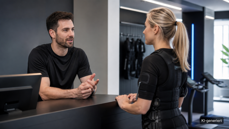 Kurzes Gespräch zwischen Trainer und Mitglied am Studioempfang