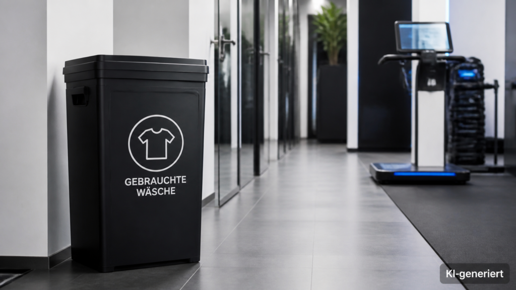 Gekennzeichneter geschlossener Behälter für gebrauchte Wäsche im Studioflur