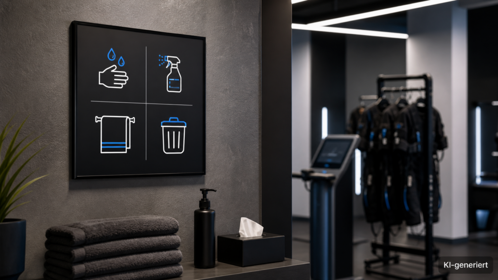 Zuständigkeitsübersicht an der Wand im Waschbereich eines EMS-Studios