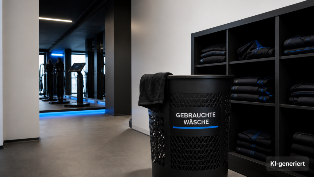 Studioflur mit Behälter für gebrauchte Wäsche und getrenntem Regal für saubere Sets