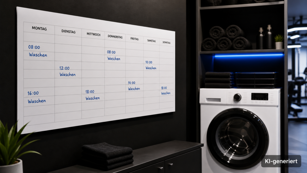 Wochenplan mit markierten Waschzeiten an der Wand im Studio-Waschbereich