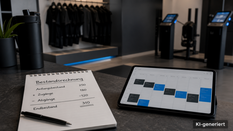 Notizblock mit Bestandsrechnung neben einem Tablet mit Terminplan