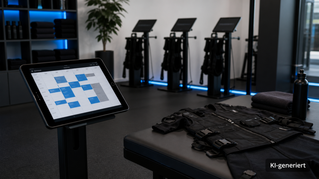 Terminplan auf einem Tablet neben einer vorbereiteten Trainingsstation