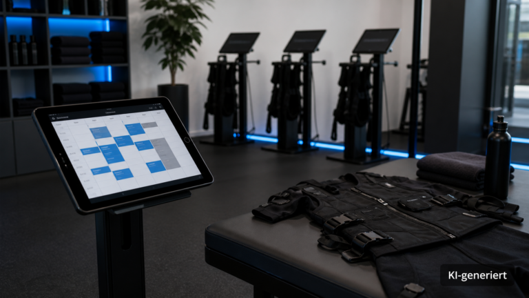 Terminplan auf einem Tablet neben einer vorbereiteten Trainingsstation